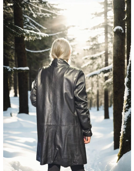 Uzun Kollu Hakiki Deri Ceket - Siyah