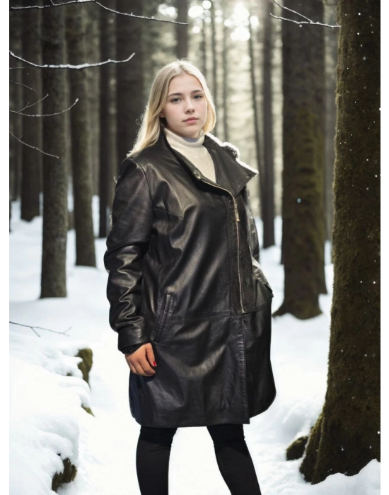 Uzun Kollu Hakiki Deri Ceket - Siyah