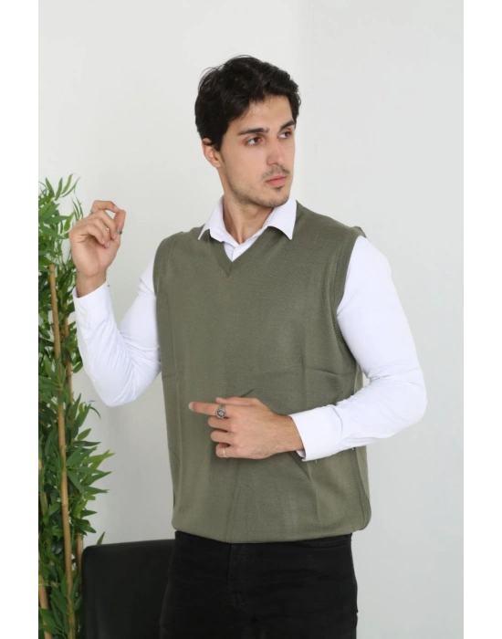 V Yaka Kolsuz Süveter Triko Kazak yumuşak dokulu Pamuklu ince Dokuma Rahat Regular kalıp - Haki