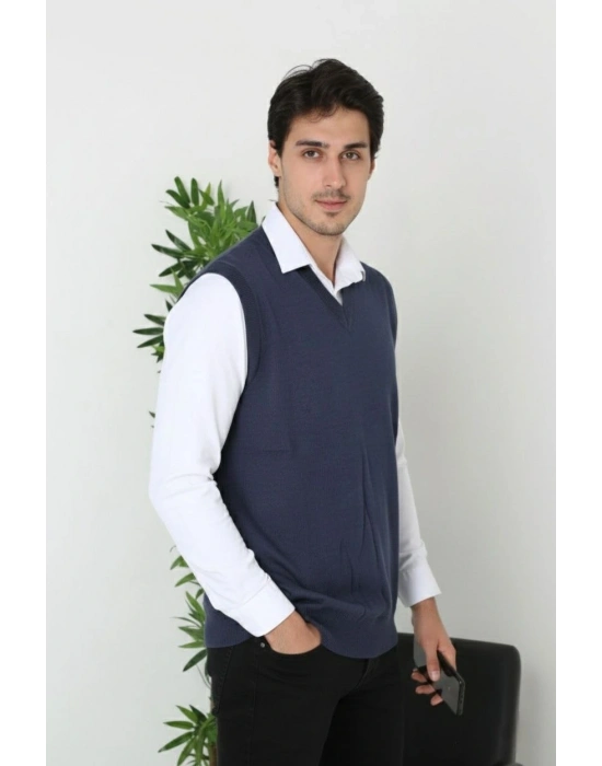 V Yaka Kolsuz Süveter Triko Kazak yumuşak dokulu Pamuklu ince Dokuma Rahat Regular kalıp - Lacivert