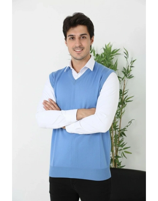 V Yaka Kolsuz Süveter Triko Kazak yumuşak dokulu Pamuklu ince Dokuma Rahat Regular kalıp - Mavi