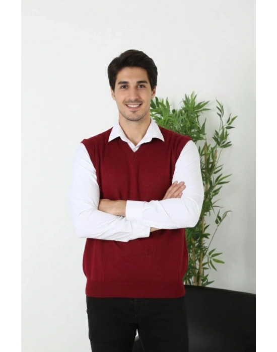 V Yaka Kolsuz Süveter Triko Kazak yumuşak dokulu Pamuklu ince Dokuma Rahat Regular kalıp - Bordo