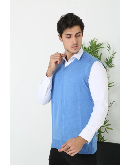 V Yaka Kolsuz Süveter Triko Kazak yumuşak dokulu Pamuklu ince Dokuma Rahat Regular kalıp - Mavi