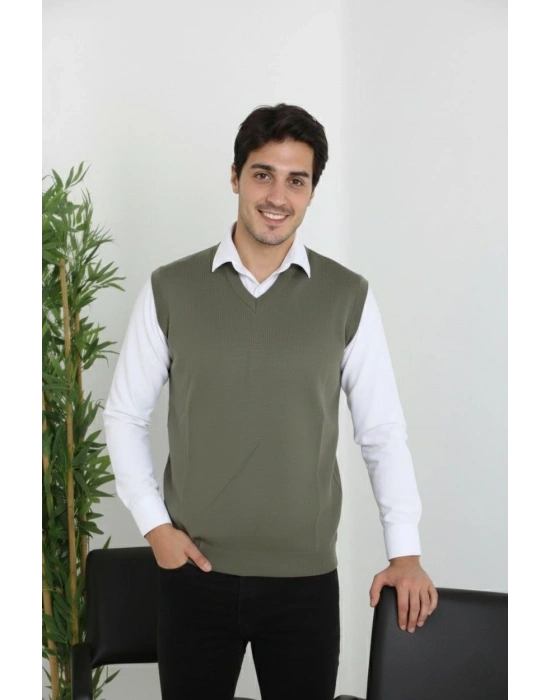 V Yaka Kolsuz Süveter Triko Kazak yumuşak dokulu Pamuklu ince Dokuma Rahat Regular kalıp - Haki