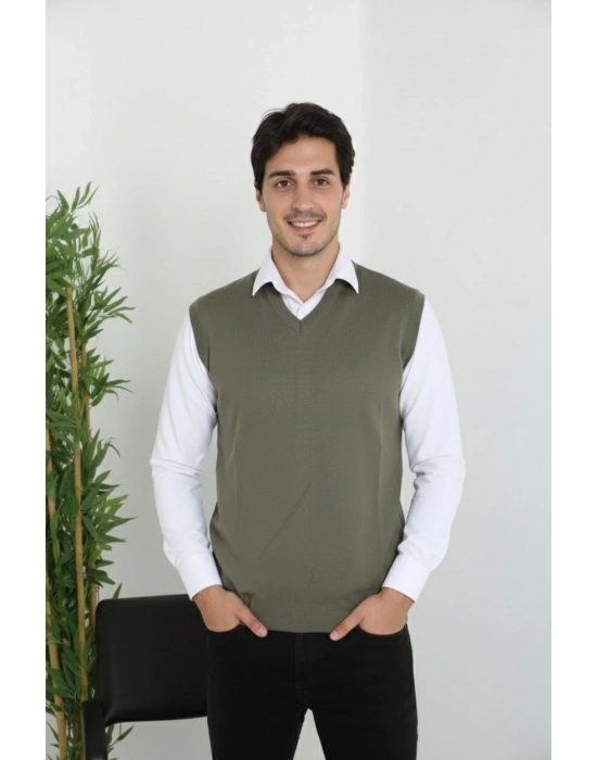 V Yaka Kolsuz Süveter Triko Kazak yumuşak dokulu Pamuklu ince Dokuma Rahat Regular kalıp - Haki