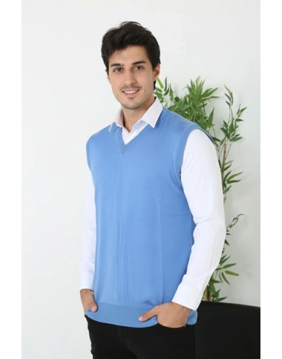 V Yaka Kolsuz Süveter Triko Kazak yumuşak dokulu Pamuklu ince Dokuma Rahat Regular kalıp - Mavi