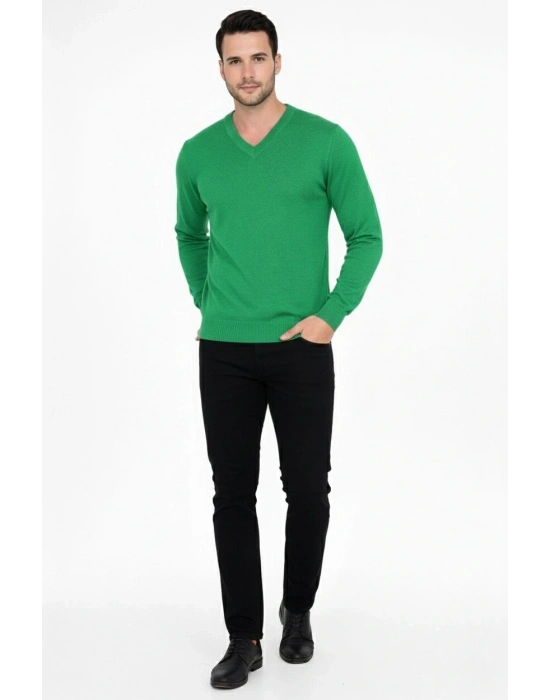 V Yaka Triko Kazak yumuşak dokulu Pamuklu ince Dokuma, uzun kollu Rahat Regular kalıp - Çimen Yeşili