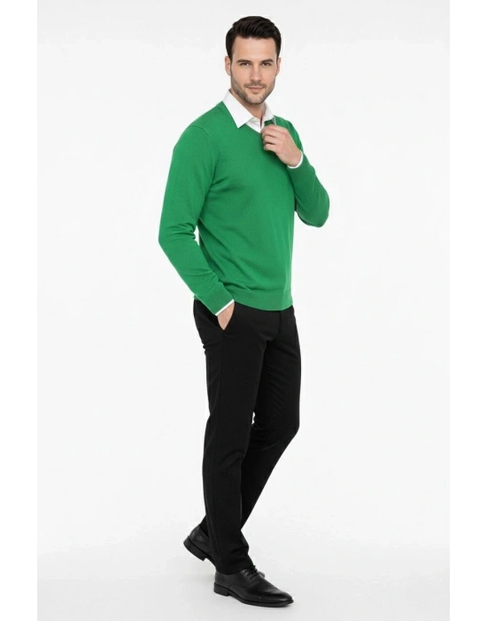 V Yaka Triko Kazak yumuşak dokulu Pamuklu ince Dokuma, uzun kollu Rahat Regular kalıp - Çimen Yeşili