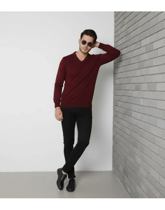 V Yaka Triko Kazak yumuşak dokulu Pamuklu ince Dokuma, uzun kollu Rahat Regular kalıp - Bordo