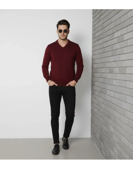 V Yaka Triko Kazak yumuşak dokulu Pamuklu ince Dokuma, uzun kollu Rahat Regular kalıp - Bordo