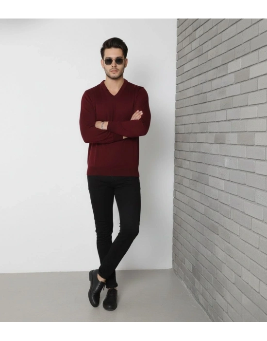 V Yaka Triko Kazak yumuşak dokulu Pamuklu ince Dokuma, uzun kollu Rahat Regular kalıp - Bordo