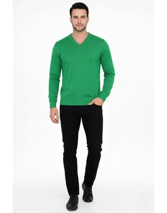 V Yaka Triko Kazak yumuşak dokulu Pamuklu ince Dokuma, uzun kollu Rahat Regular kalıp - Çimen Yeşili