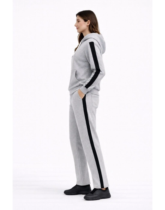 Yandan Şeritli Eşofman Takım Kapüşonlu Sweatshirt Boru Paça Alt, Oversize 3 iplik Pamuklu - Gri