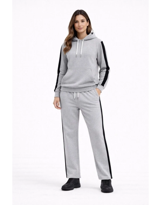 Yandan Şeritli Eşofman Takım Kapüşonlu Sweatshirt Boru Paça Alt, Oversize 3 iplik Pamuklu - Gri