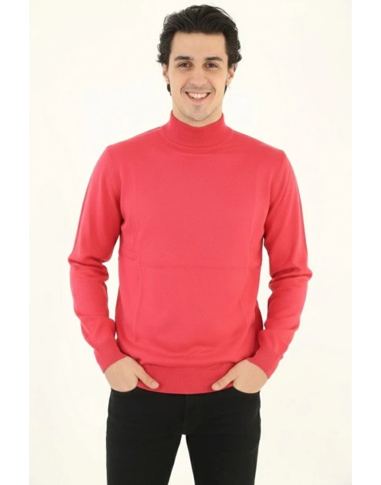 Yarım Boğaz Triko Kazak yumuşak dokulu Pamuklu ince Dokuma, uzun kollu Rahat Regular kalıp - Pembe