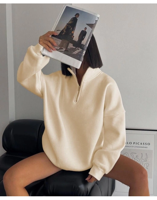 Yarım Fermuarlı Üç İplik Sweatshirt - Bej