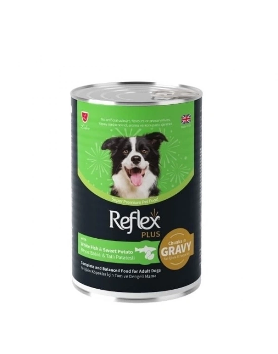 ÇOK SATAN Reflex Plus Sos İçinde Beyaz Balıklı ve Tatlı Patatesli Yetişkin Konserve Köpek Maması 400 Gr