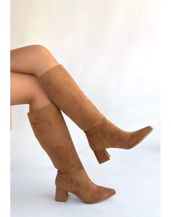 Roksa Taba Süet Topuklu Çizme