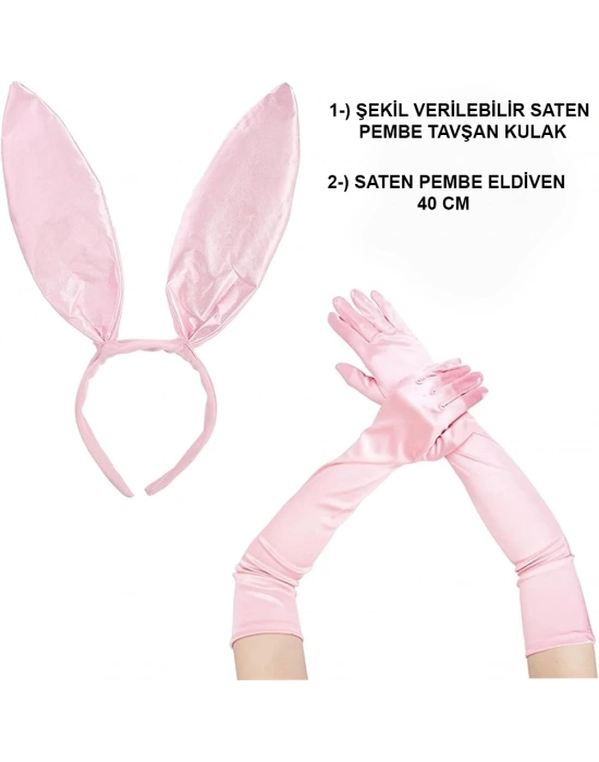 ÇOK SATAN Saten Kaplama Soft Pembe Eldiven 40 Cm Ve Tavşan Kulak 2 Li Set