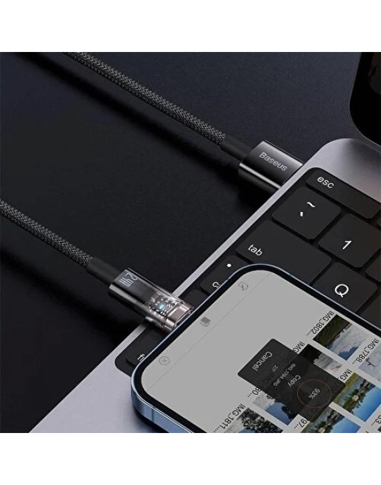 ÇOK SATAN Şeffaf Uçlu İphone 45w Usb Hızlı Ve Dayanıklı Şarj Ve Data Işıklı Örgü Kablo 1 Metre