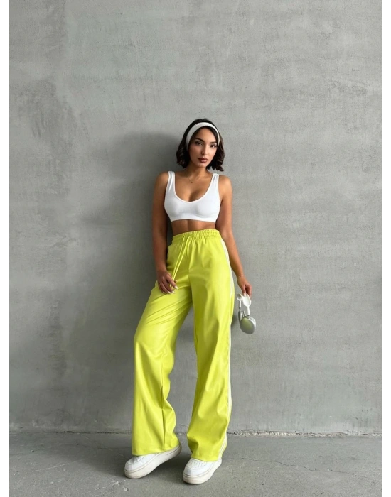 Şeritli deri pantolon yeşil h26430