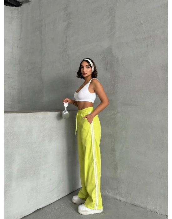 Şeritli deri pantolon yeşil h26430