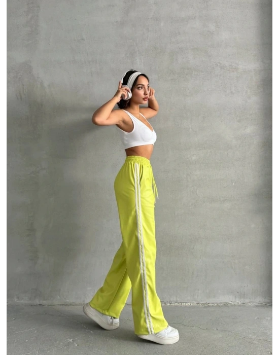 Şeritli deri pantolon yeşil h26430