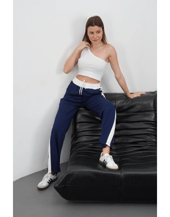 Şeritli garnili pantolon lacivert