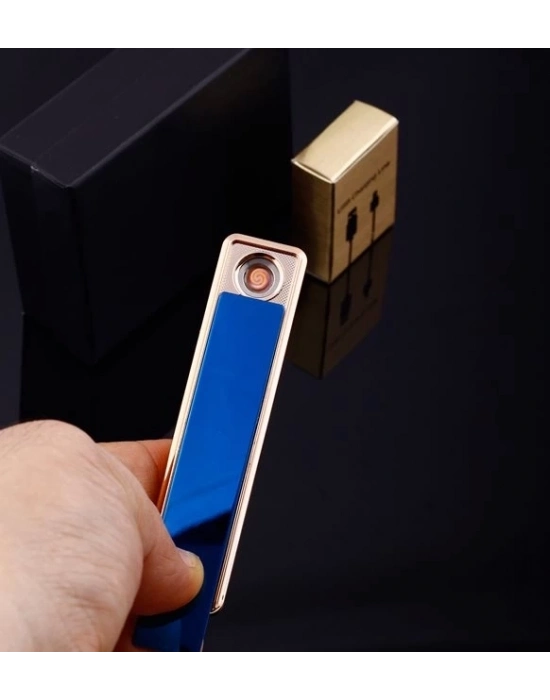 ÇOK SATAN Şık Görünümlü Usb Şarjlı Rezistanslı İnce Slim Metal Çakmak (mavi)