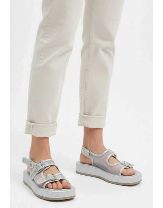 Sinna Gümüş Cilt Tül Detaylı Sandalet