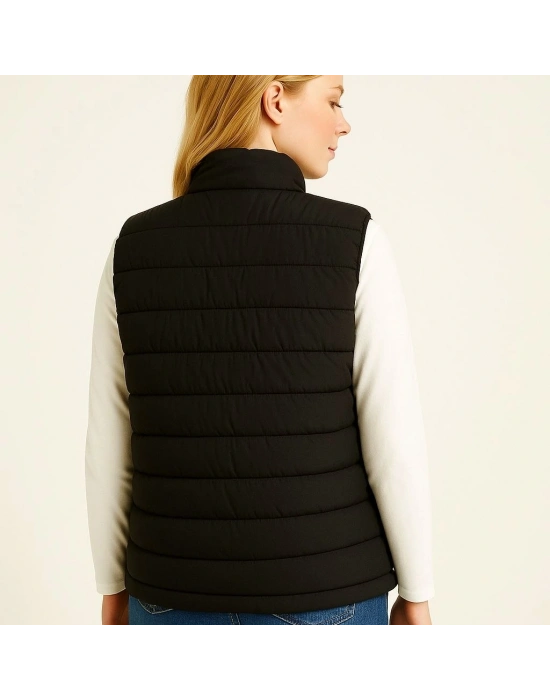 Şişme Fermuarlı Yelek Su itici Kapitone Astarlı Kumaş Cepli Hafif Kışlık Spor Rahat Kalıp - Siyah