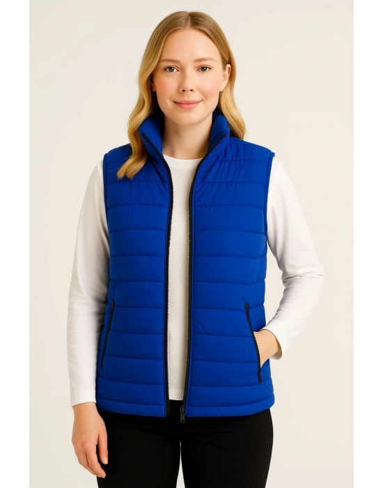 Şişme Fermuarlı Yelek Su itici Kapitone Astarlı Kumaş Cepli Hafif Kışlık Spor Rahat Kalıp - Saks Mavisi