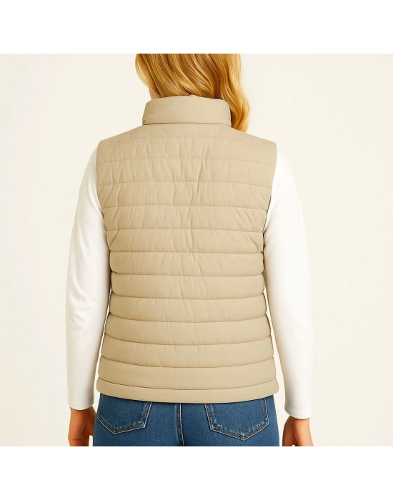 Şişme Fermuarlı Yelek Su itici Kapitone Astarlı Kumaş Cepli Hafif Kışlık Spor Rahat Kalıp - Bej