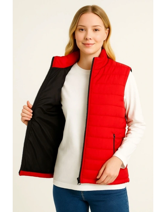 Şişme Fermuarlı Yelek Su itici Kapitone Astarlı Kumaş Cepli Hafif Kışlık Spor Rahat Kalıp - Kırmızı