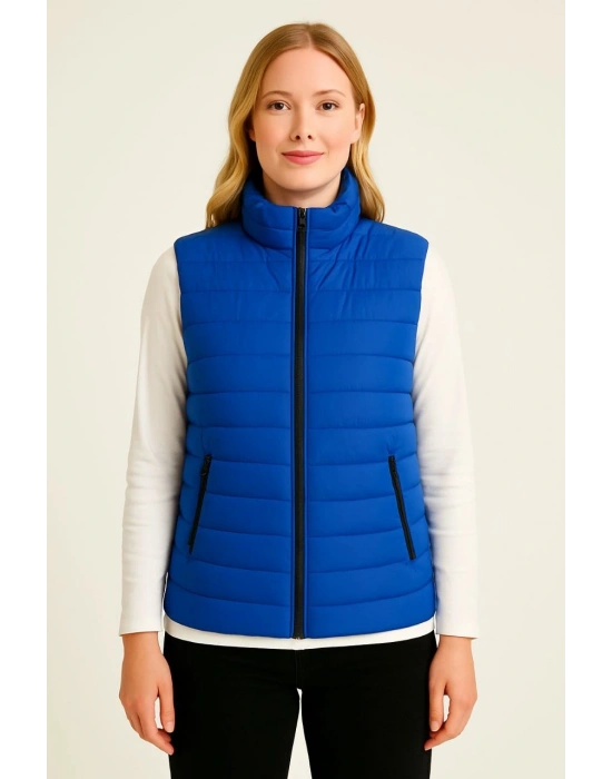 Şişme Fermuarlı Yelek Su itici Kapitone Astarlı Kumaş Cepli Hafif Kışlık Spor Rahat Kalıp - Saks Mavisi