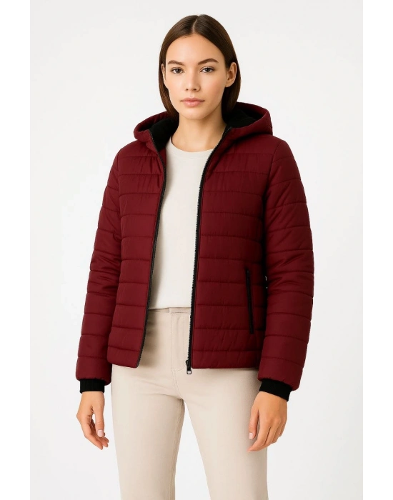 Şişme Kapüşonlu Fermuarlı Mont Su itici Kapitone Astarlı Kumaş Cepli Kışlık Rahat Kalıp - Bordo