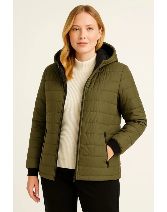 Şişme Kapüşonlu Fermuarlı Mont Su itici Kapitone Astarlı Kumaş Cepli Kışlık Rahat Kalıp - Haki