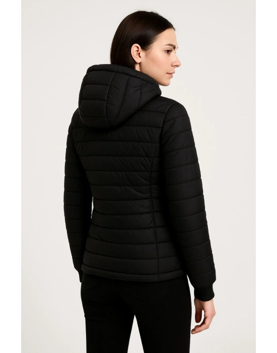 Şişme Kapüşonlu Fermuarlı Mont Su itici Kapitone Astarlı Kumaş Cepli Kışlık Rahat Kalıp - Siyah