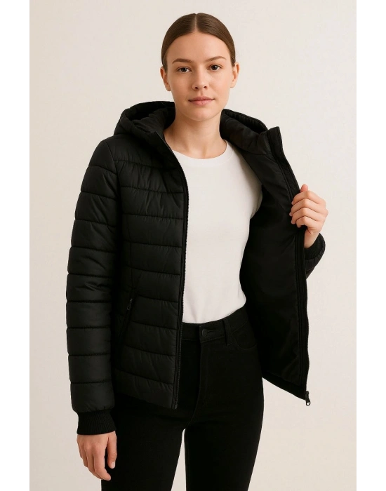 Şişme Kapüşonlu Fermuarlı Mont Su itici Kapitone Astarlı Kumaş Cepli Kışlık Rahat Kalıp - Siyah