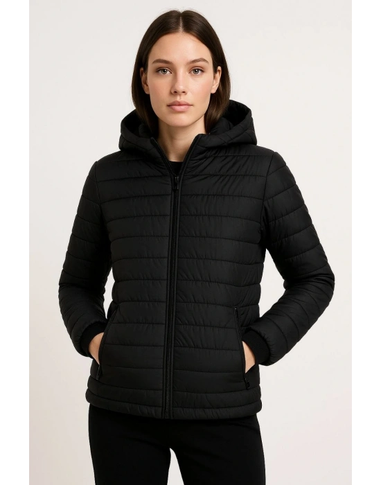 Şişme Kapüşonlu Fermuarlı Mont Su itici Kapitone Astarlı Kumaş Cepli Kışlık Rahat Kalıp - Siyah