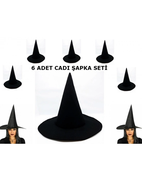 ÇOK SATAN Siyah Cadı Şapkası Keçe Yetişkin Boy 6 Adet