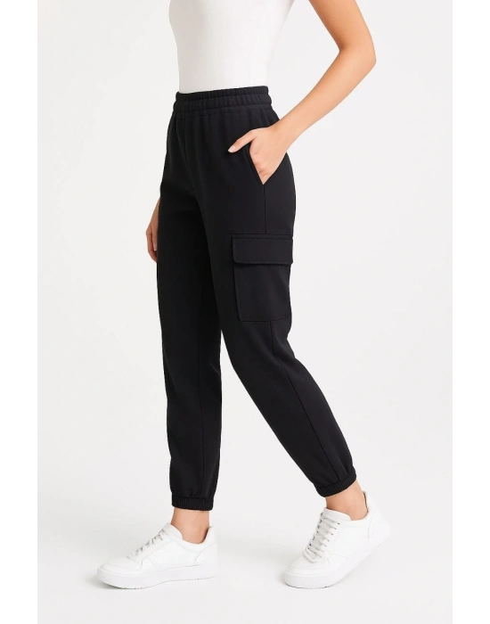 Siyah Jogger Eşofman Altı Rahat Kalıp, Kargo Cepli, Lastikli Paça, Günlük Spor Pantolon - Siyah