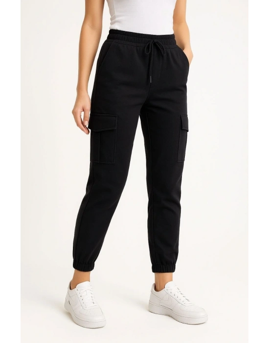 Siyah Jogger Eşofman Altı Rahat Kalıp, Kargo Cepli, Lastikli Paça, Günlük Spor Pantolon - Siyah