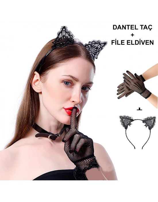 ÇOK SATAN Siyah Kedi Dantel Taç + Eldiven Seti – Parti, Dans Ve Kostüm Kombini