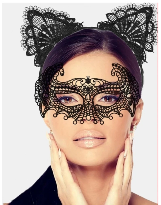 ÇOK SATAN Siyah Renk Dantel Maske Ve Dantel Kulak Taç Seti Yetişkin No 4