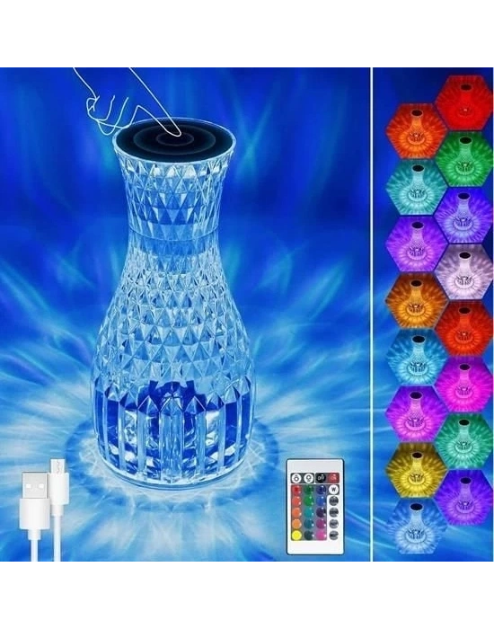 ÇOK SATAN Sürahi Model USB Şarjlı Kumandalı 16 Farklı Işık Modlu Masa Üstü Kristal Akrilik Lamba Led