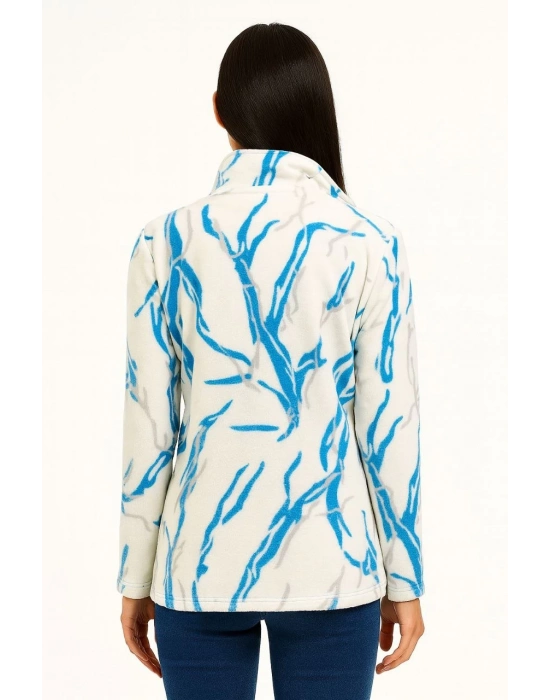 Tam Fermuarlı Desenli Polar Sweat Lightning Desen Yakalı, Uzun Kollu, Oversize Rahat Kalıp - Beyaz