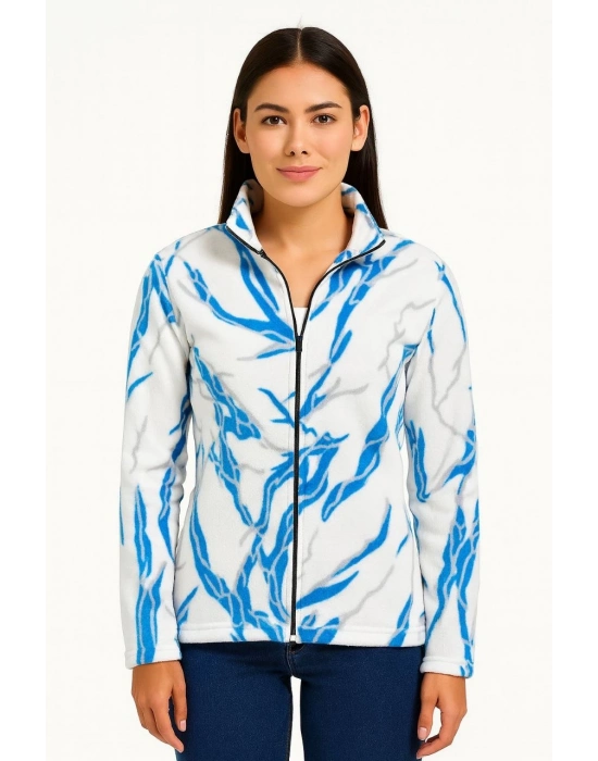Tam Fermuarlı Desenli Polar Sweat Lightning Desen Yakalı, Uzun Kollu, Oversize Rahat Kalıp - Beyaz