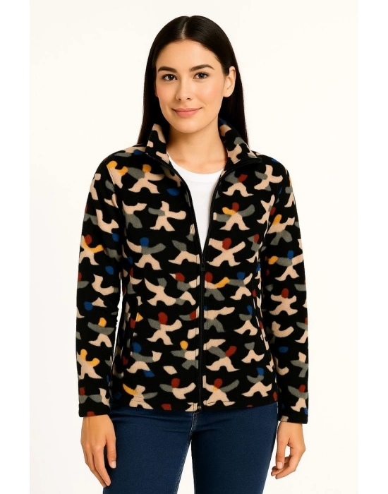 Tam Fermuarlı Desenli Polar Sweat – Siyah Multicolor Figür Desen Yakalı, Uzun Kollu, Oversize Rahat Kalıp - Siyah