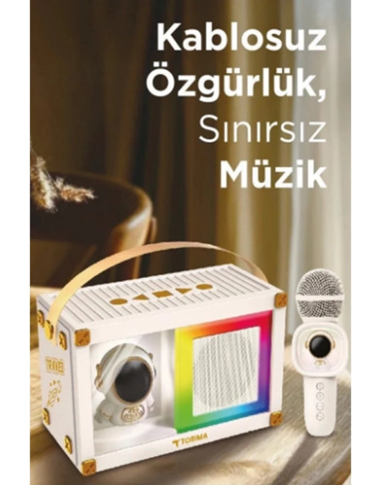 ÇOK SATAN Taşınabilir Rgb Işılı Sevimli Figürlü Mikrofonlu Karaoke Bluetooth Hoparlör Krem